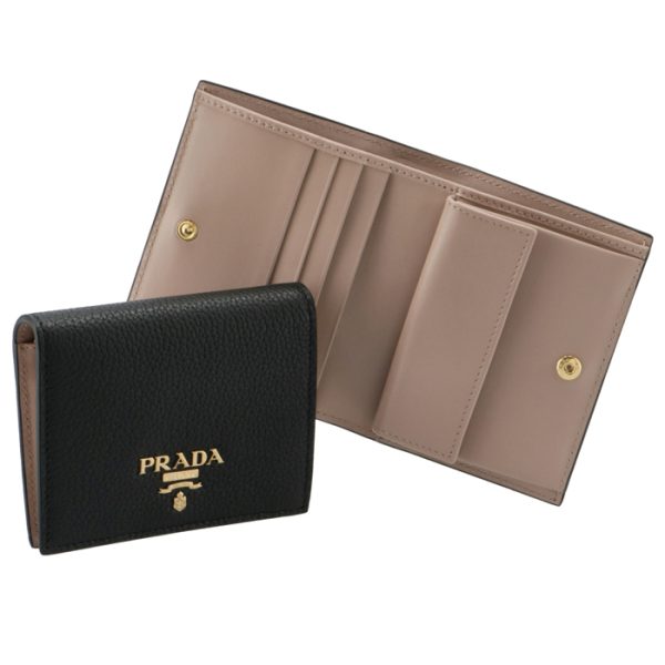 1mv2042bg5wcl PRADA Bifold Calf Leather Mini Wallet Black x Beige