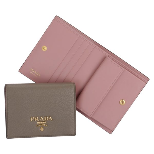 1mv2042bg5xqy PRADA Bifold Calf Leather Mini Wallet Gray x Pink