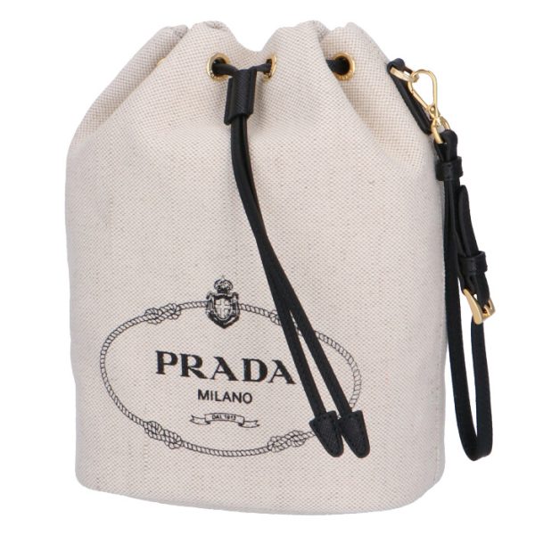 1ne369zpxi55 1 PRADA Logo Canvas Mini Bucket Bag Beige x Black