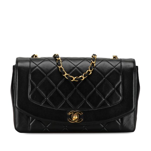 1nlrndtsmjaqha8v 1 CHANEL Matelasse Diana 25 Chain Shoulder Bag Black Lambskin