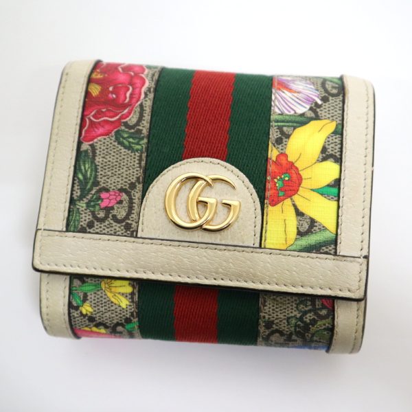 2000090256600075 1 Gucci Ophidia Compact Wallet GG Flora White