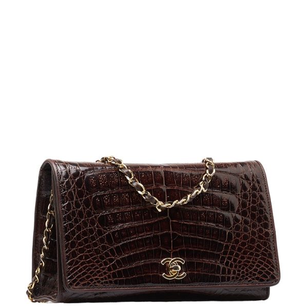 201 50311 2 CHANEL Crocodile Coco Mark Chain Shoulder Bag Brown Gold Leather