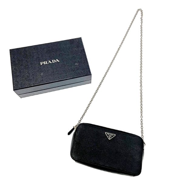 201387 1 Prada Saffiano Double Zip Chain Shoulder Bag Wallet Black