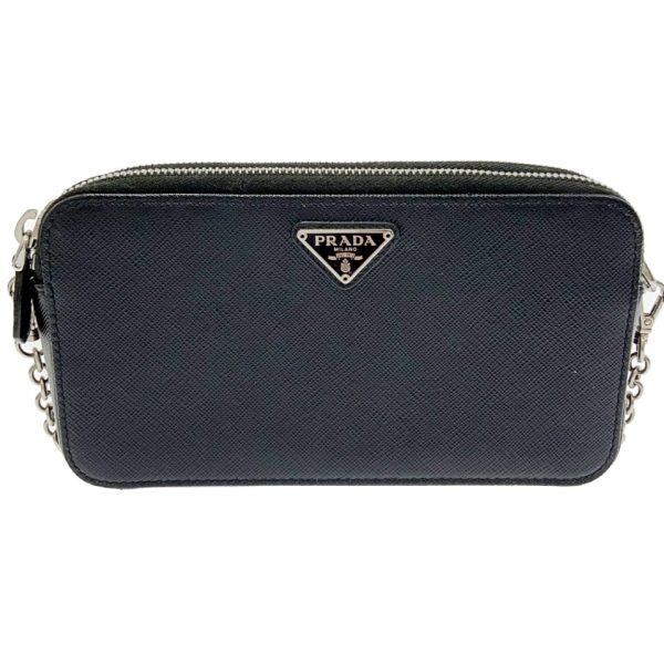 201387 2 Prada Saffiano Double Zip Chain Shoulder Bag Wallet Black