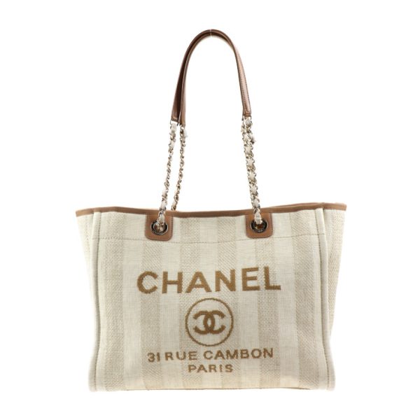 2025033007207 1 Chanel Deauville Tote Bag Fiber Calf Leather Beige