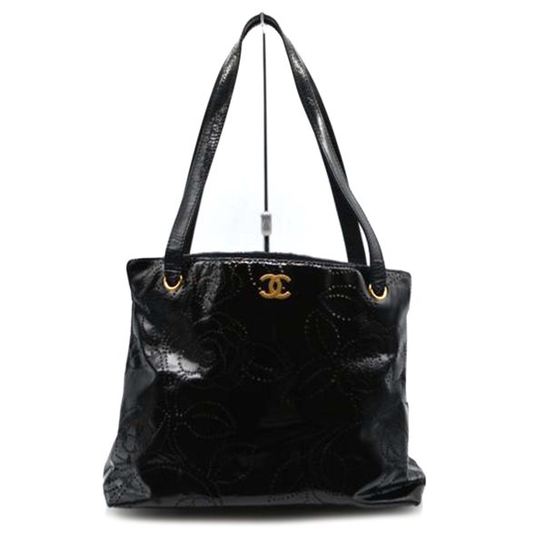 20275 1 Chanel Coco Mark Camellia Perforated Leather Tote Bag Noir