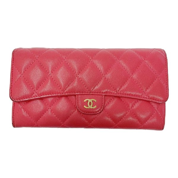 203470 2 CHANEL Matelasse Caviar Skin Flap Long Wallet Pink