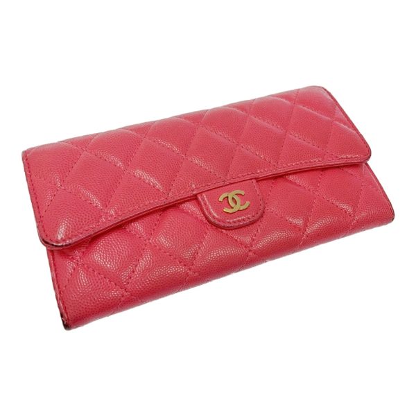 203470 4 CHANEL Matelasse Caviar Skin Flap Long Wallet Pink