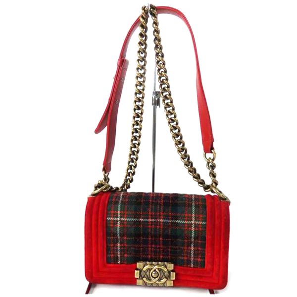 20442 1 Chanel Boy Chanel Chain Shoulder Bag Velor Plaid Pattern Red