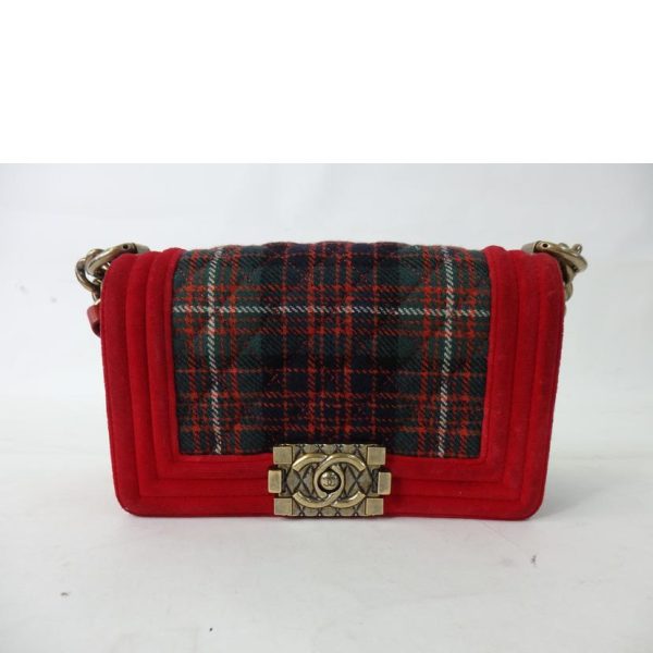 20442 2 Chanel Boy Chanel Chain Shoulder Bag Velor Plaid Pattern Red