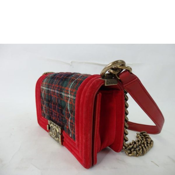 20442 4 Chanel Boy Chanel Chain Shoulder Bag Velor Plaid Pattern Red