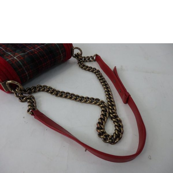 20442 6 Chanel Boy Chanel Chain Shoulder Bag Velor Plaid Pattern Red