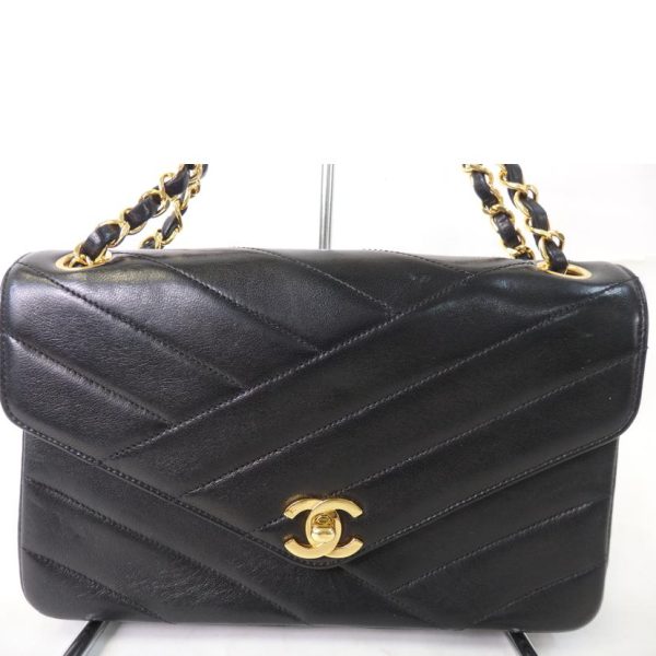 20589 2 Chanel Cocomark W Chain V Stitch Bag Black