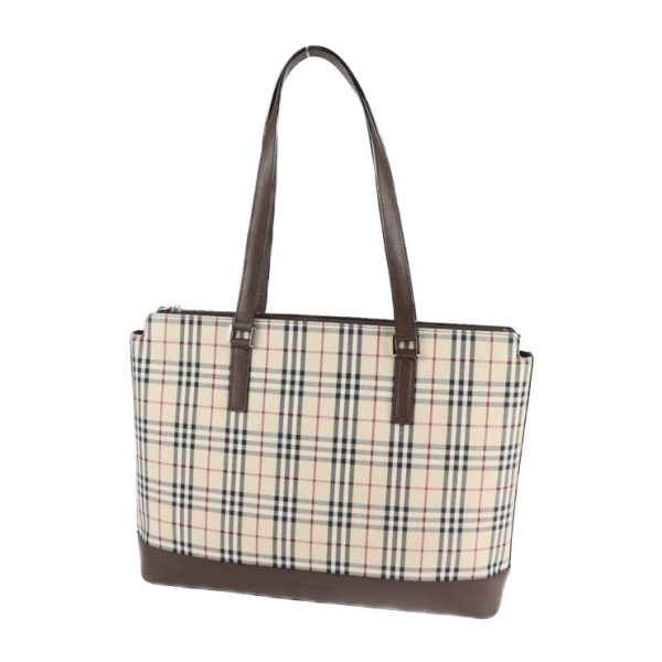 2107063008150 1 Burberry Check Canvas Leather Tote Bag Beige Brown