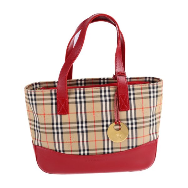 2114043002280 1 Burberry Nova Check Canvas Leather Handbag Beige Red