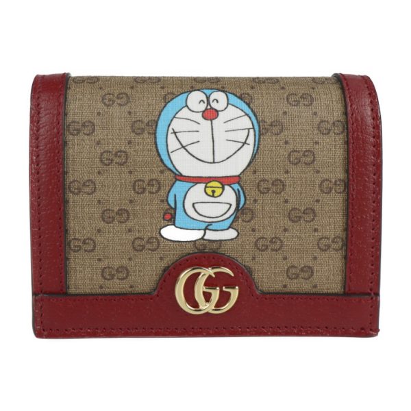 2118113007237 1 GUCCI Doraemon Bifold Wallet GG Supreme Canvas Beige Cherry Red