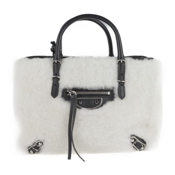 2124033002563 1 Balenciaga Paper Mini Mouton Leather Handbag White Black