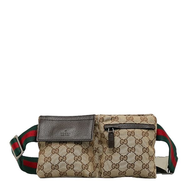 214 34901 1 Gucci GG Canvas Sherry Line Body Bag Waist Bag 162962 Beige Brown Canvas Leather