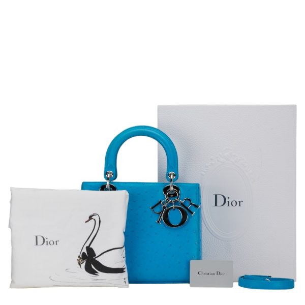 214 52528 1 Dior Lady Handbag Shoulder Bag 2WAY Blue Ostrich