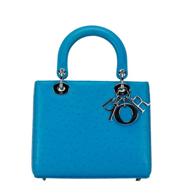 214 52528 2 Dior Lady Handbag Shoulder Bag 2WAY Blue Ostrich