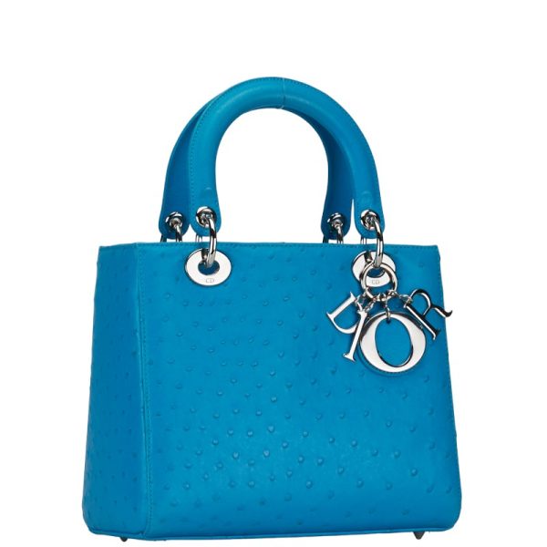 214 52528 3 Dior Lady Handbag Shoulder Bag 2WAY Blue Ostrich