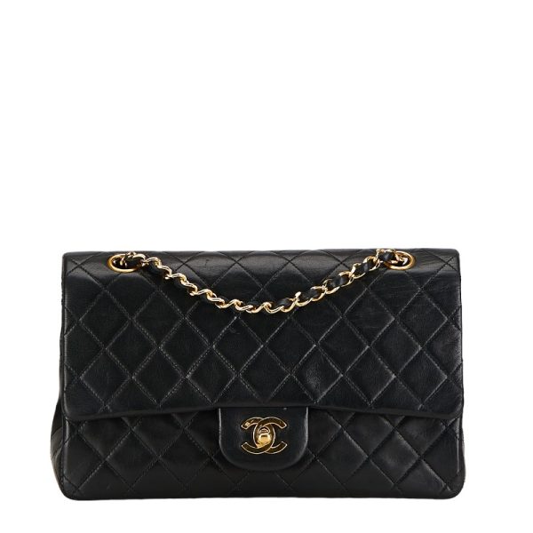 214 55122 1 CHANEL Matelasse 25 Coco Mark Double Flap Chain Shoulder Bag Black Gold Lambskin