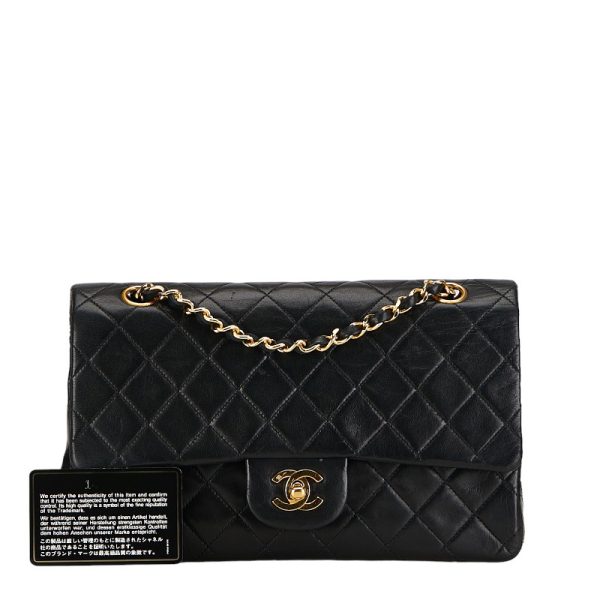 214 55122 10 CHANEL Matelasse 25 Coco Mark Double Flap Chain Shoulder Bag Black Gold Lambskin