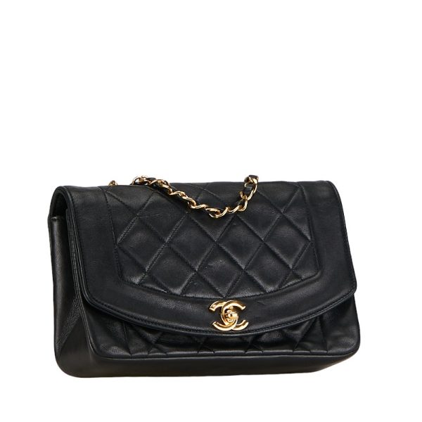 214 55137 2 CHANEL Matelasse 23 Diana Chain Shoulder Bag Black Gold Lambskin