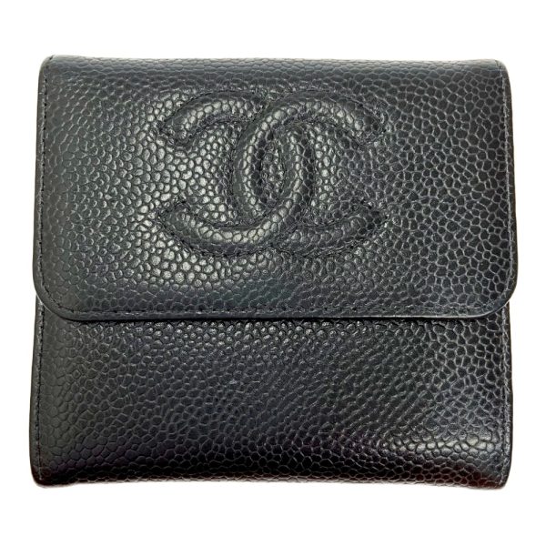 215925 1 CHANEL Caviar Skin Coco Mark Trifold Wallet Black