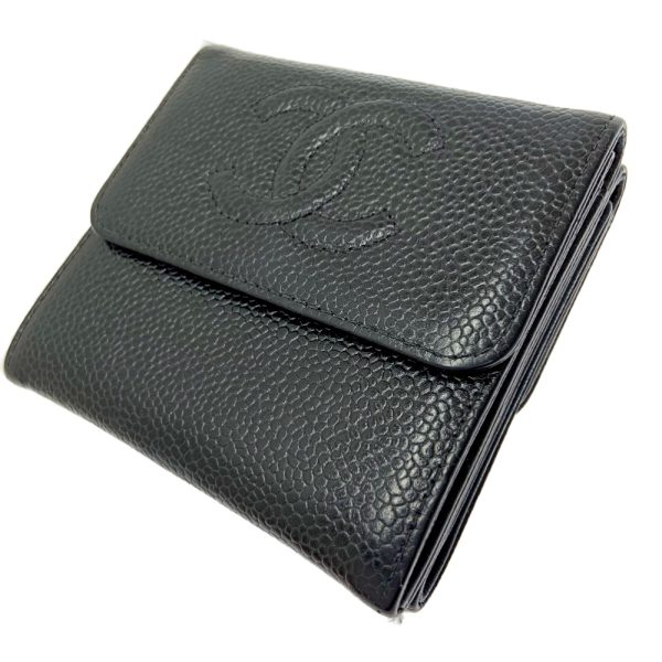 215925 2 CHANEL Caviar Skin Coco Mark Trifold Wallet Black