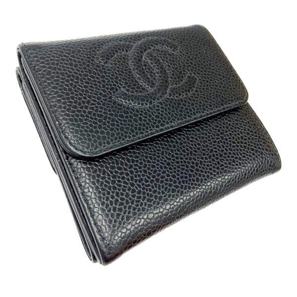 215925 3 CHANEL Caviar Skin Coco Mark Trifold Wallet Black