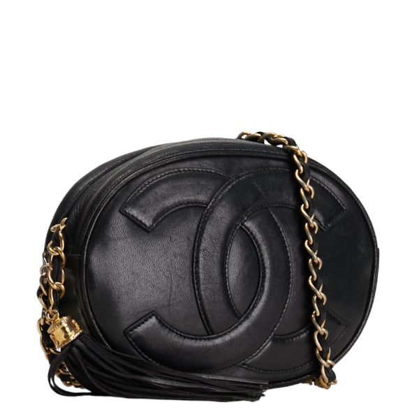 222 51141 2 CHANEL Decacoco Mark Fringe Crossbody Chain Shoulder Bag Black Leather