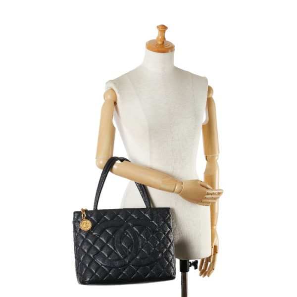 222 56430 10 CHANEL Reprint Coco Mark Quilted Tote Black Caviar Skin