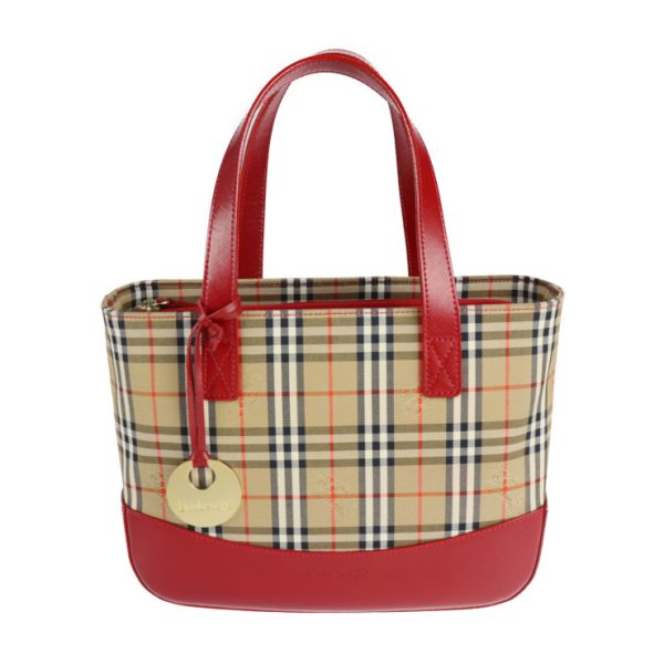 2224063001124 1 Burberry Haymarket Check Canvas Leather Tote Bag Beige Red