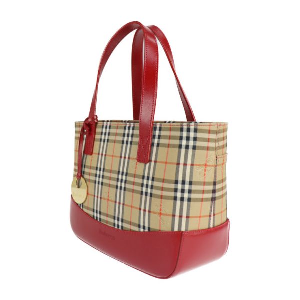 2224063001124 2 Burberry Haymarket Check Canvas Leather Tote Bag Beige Red