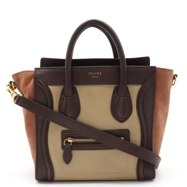 22381203 1 Celine Luggage Nano Shopper 2WAY LeatherSuede Handbag BeigeBrown