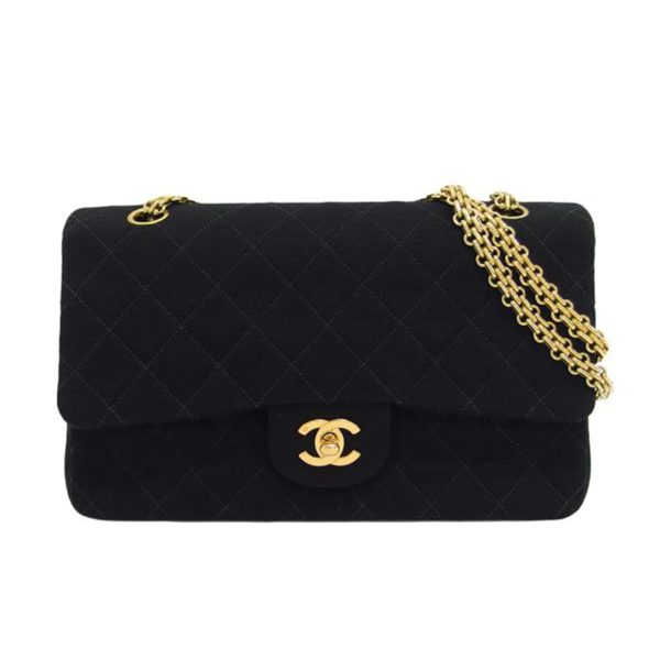 22634 1 Chanel Matelasse W Flap Cotton Chain Shoulder Bag Black