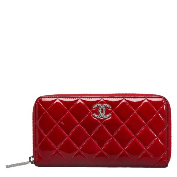 228 37825 1 CHANEL Matelasse Coco Mark Round Zipper Long Wallet Red Enamel Calf