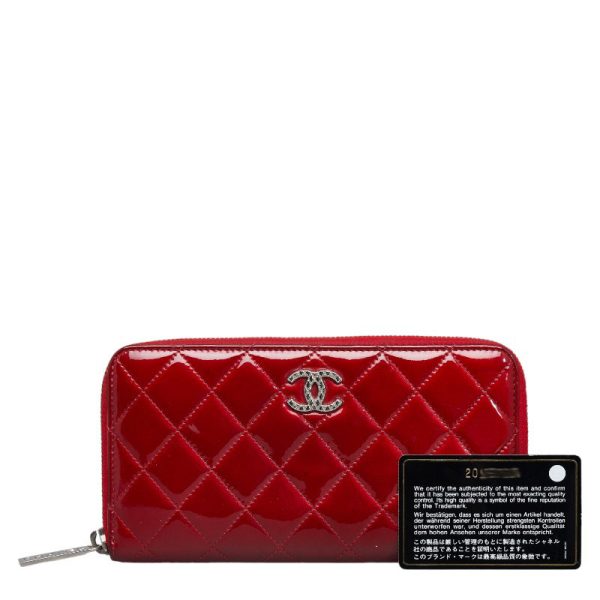 228 37825 15 CHANEL Matelasse Coco Mark Round Zipper Long Wallet Red Enamel Calf