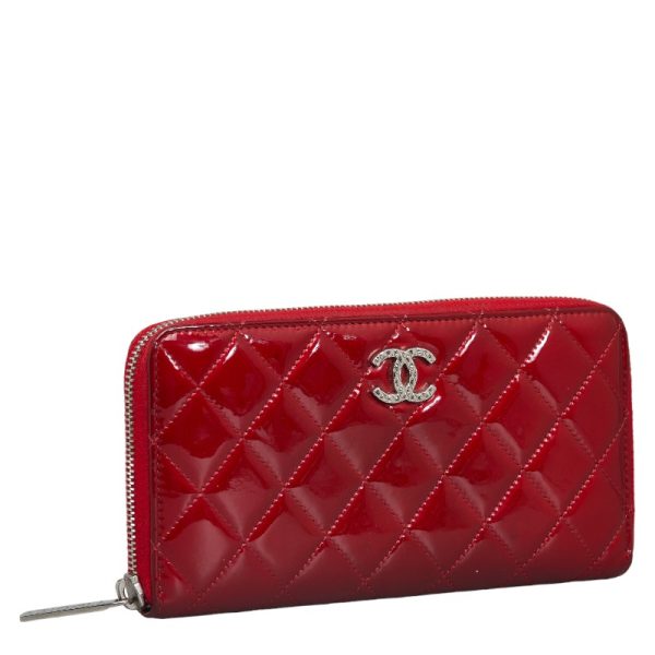 228 37825 2 CHANEL Matelasse Coco Mark Round Zipper Long Wallet Red Enamel Calf