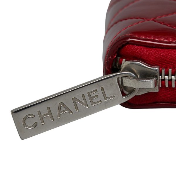 228 37825 9 CHANEL Matelasse Coco Mark Round Zipper Long Wallet Red Enamel Calf