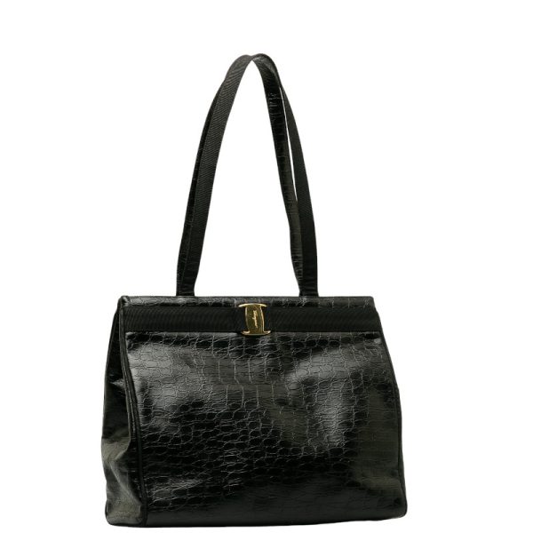 228 38242 2 Salvatore Ferragamo Vara Ribbon Croc Embossed Tote Bag Black