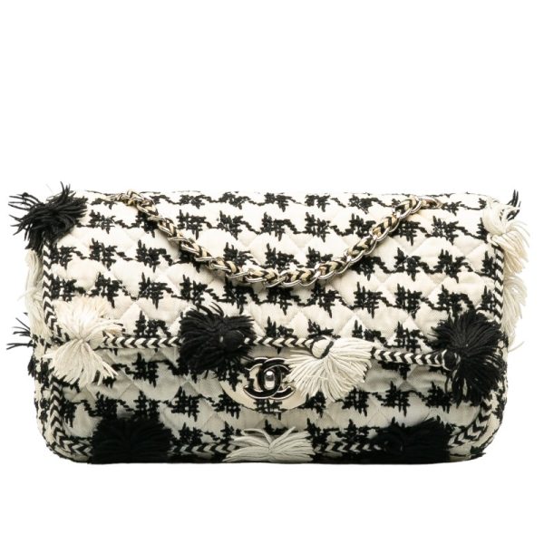 228 39918 1 CHANEL Matelasse Fringe Tweed Chain Shoulder Bag White Black Canvas