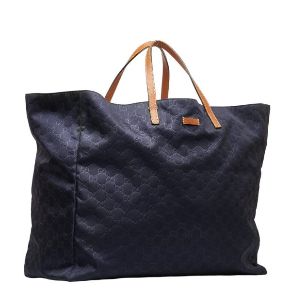 228 46644 2 Gucci GG Nylon Tote Bag Boston Bag Navy Nylon Leather