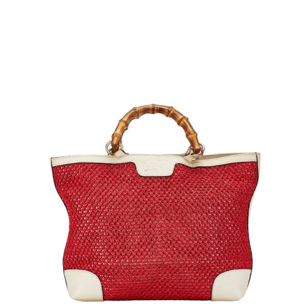 228 54044 1 Gucci mesh bamboo handbag tote bag 338965 red ivory straw leather