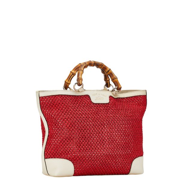 228 54044 2 Gucci mesh bamboo handbag tote bag 338965 red ivory straw leather