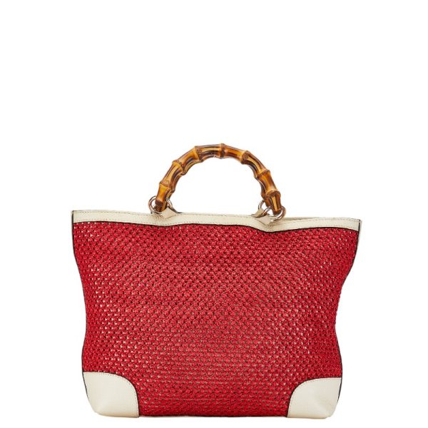 228 54044 3 Gucci mesh bamboo handbag tote bag 338965 red ivory straw leather