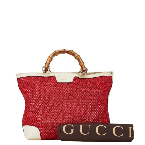 228 54044 9 Gucci mesh bamboo handbag tote bag 338965 red ivory straw leather