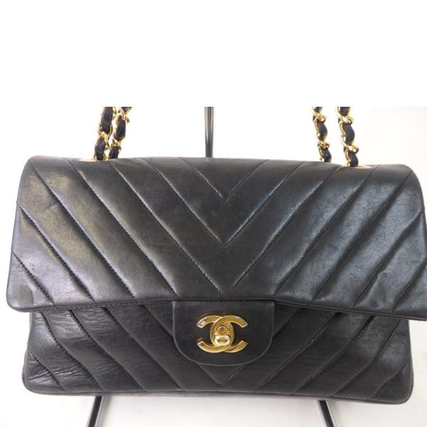 23825 2 Chanel Coco Mark Double Flap Chain Shoulder Bag Chevron Black