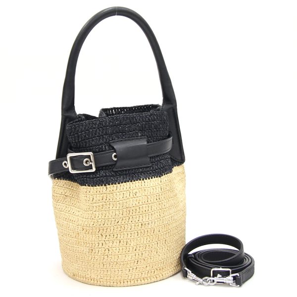 2403060141 Celine Big Bag Nano Bucket Raffia Leather Crossbody Bag BlackBeige